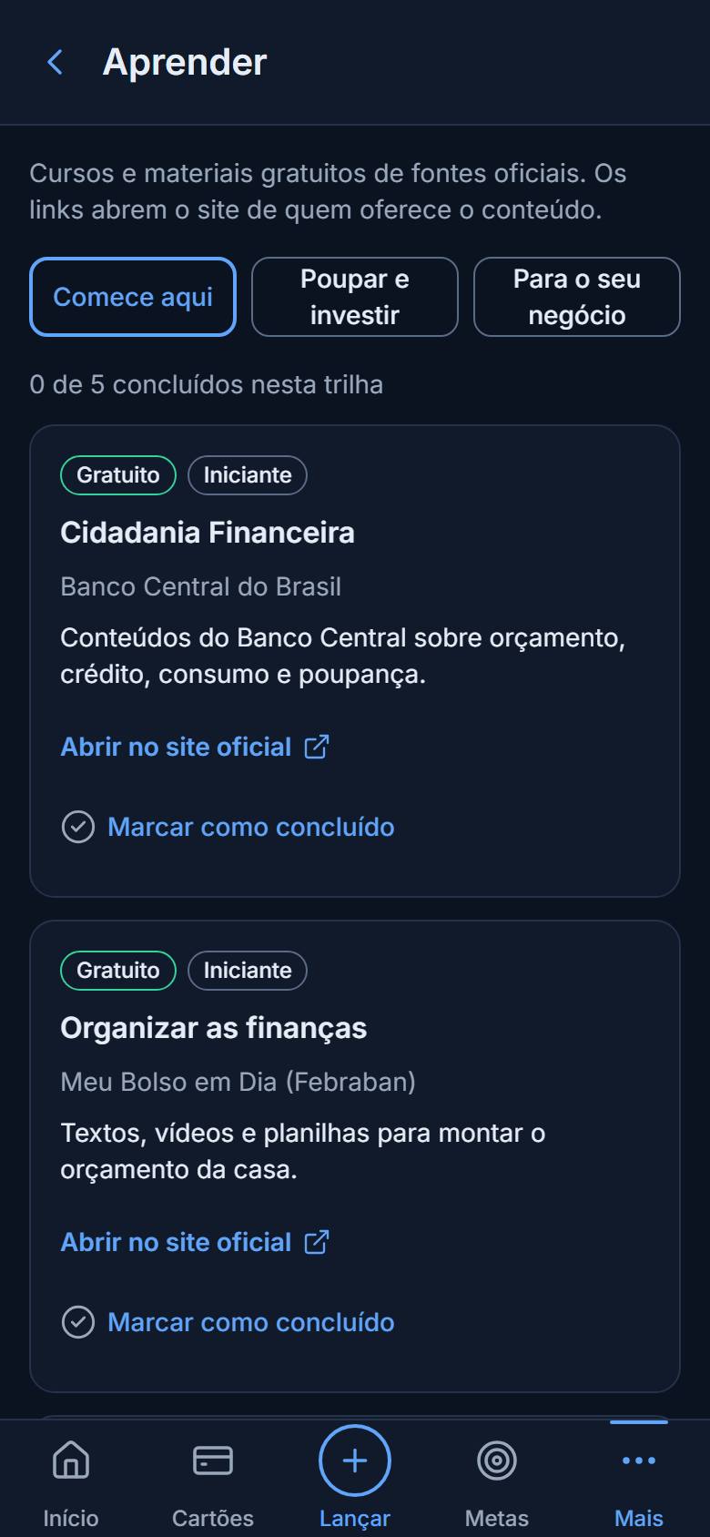Tela Aprender com conteúdos sobre dinheiro