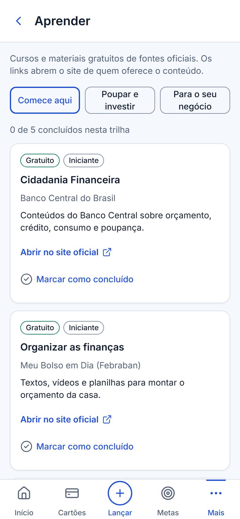 Tela Aprender com conteúdos sobre dinheiro