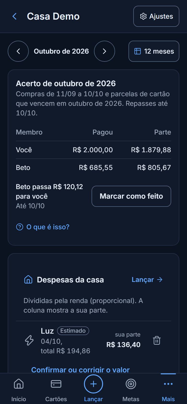 Tela da família com gastos da casa e acerto