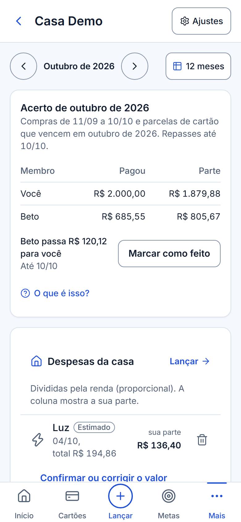 Tela da família com gastos da casa e acerto