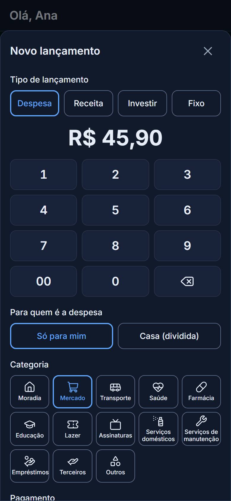 Tela de lançamento com teclado de valor e categorias