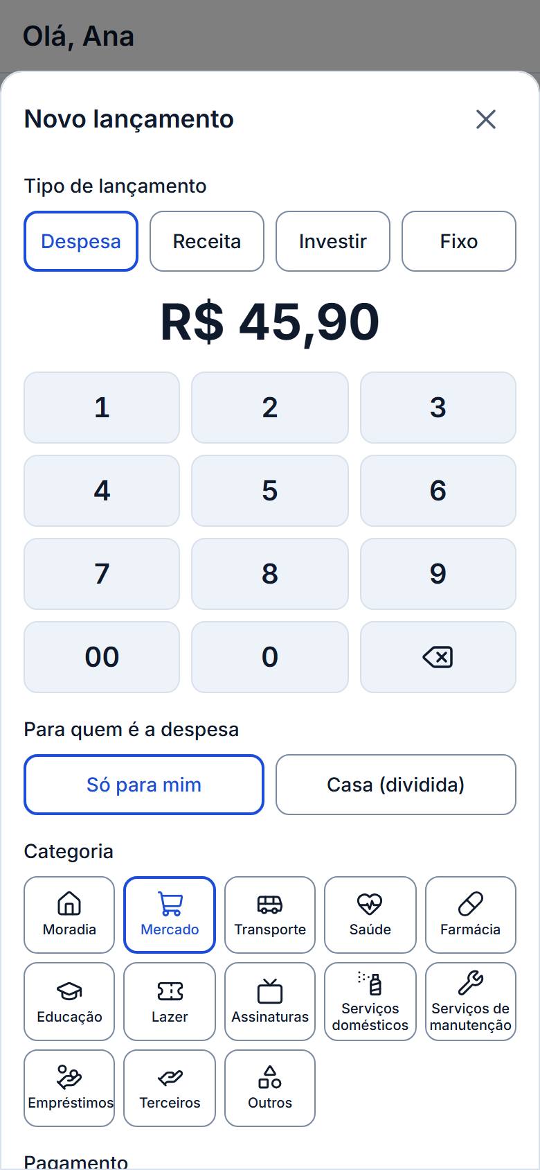 Tela de lançamento com teclado de valor e categorias