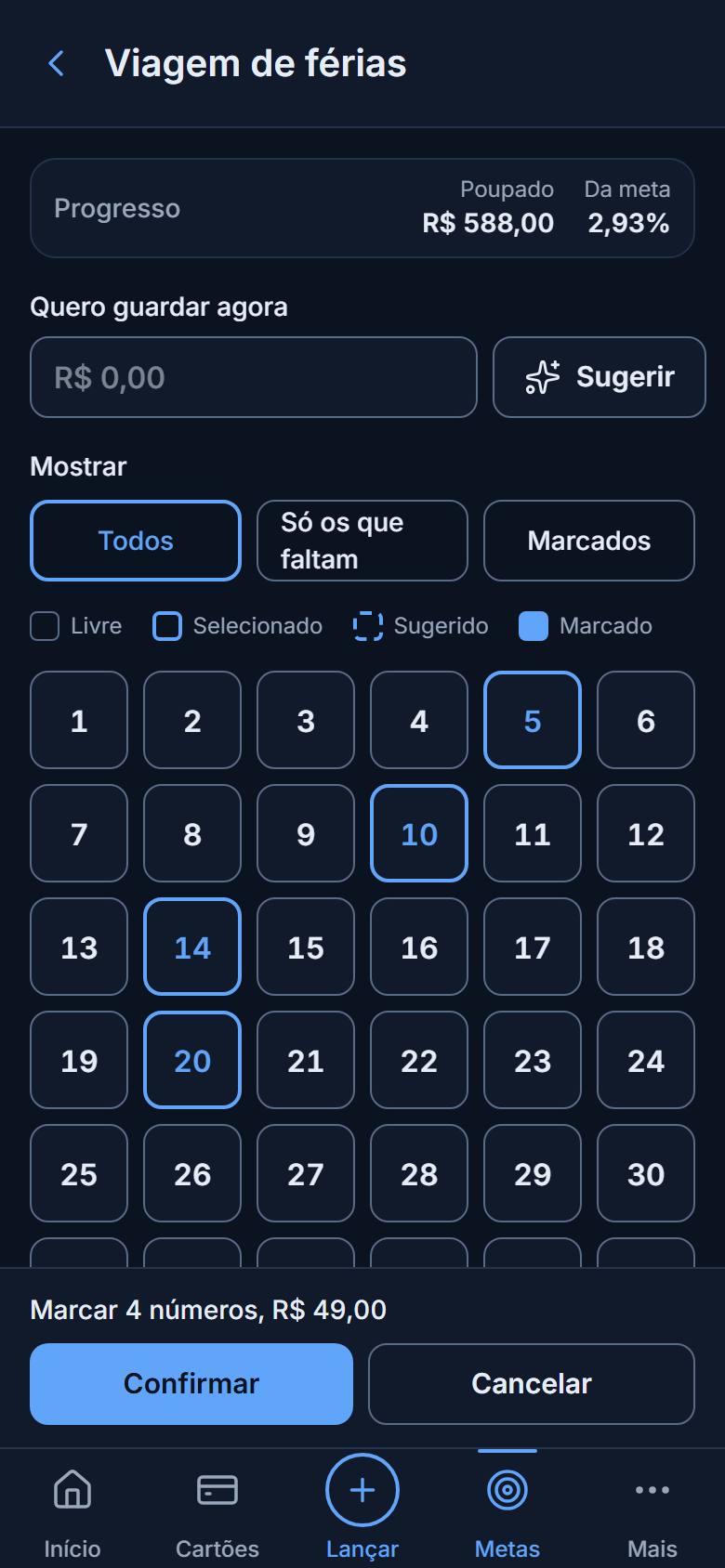 Cartela de uma meta com números marcados e o progresso