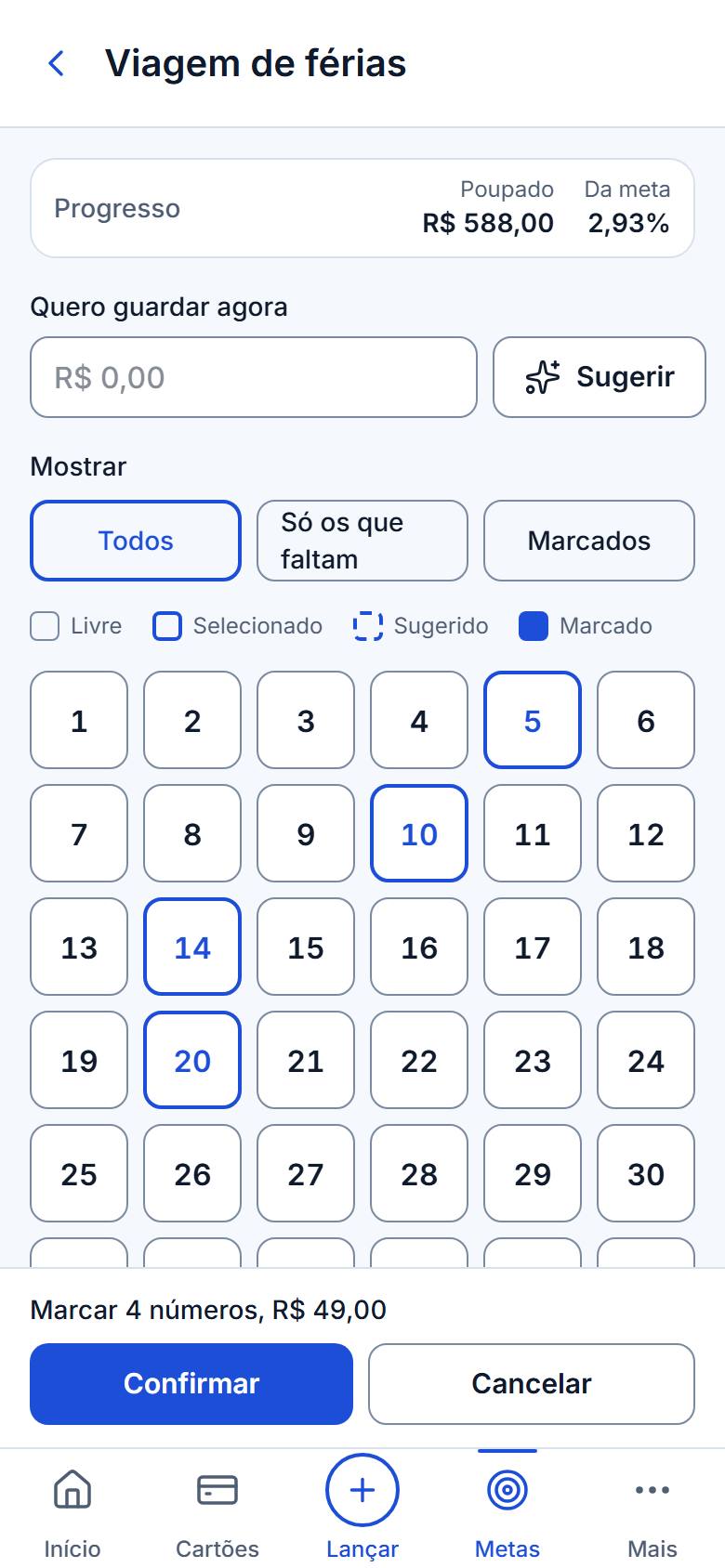 Cartela de uma meta com números marcados e o progresso