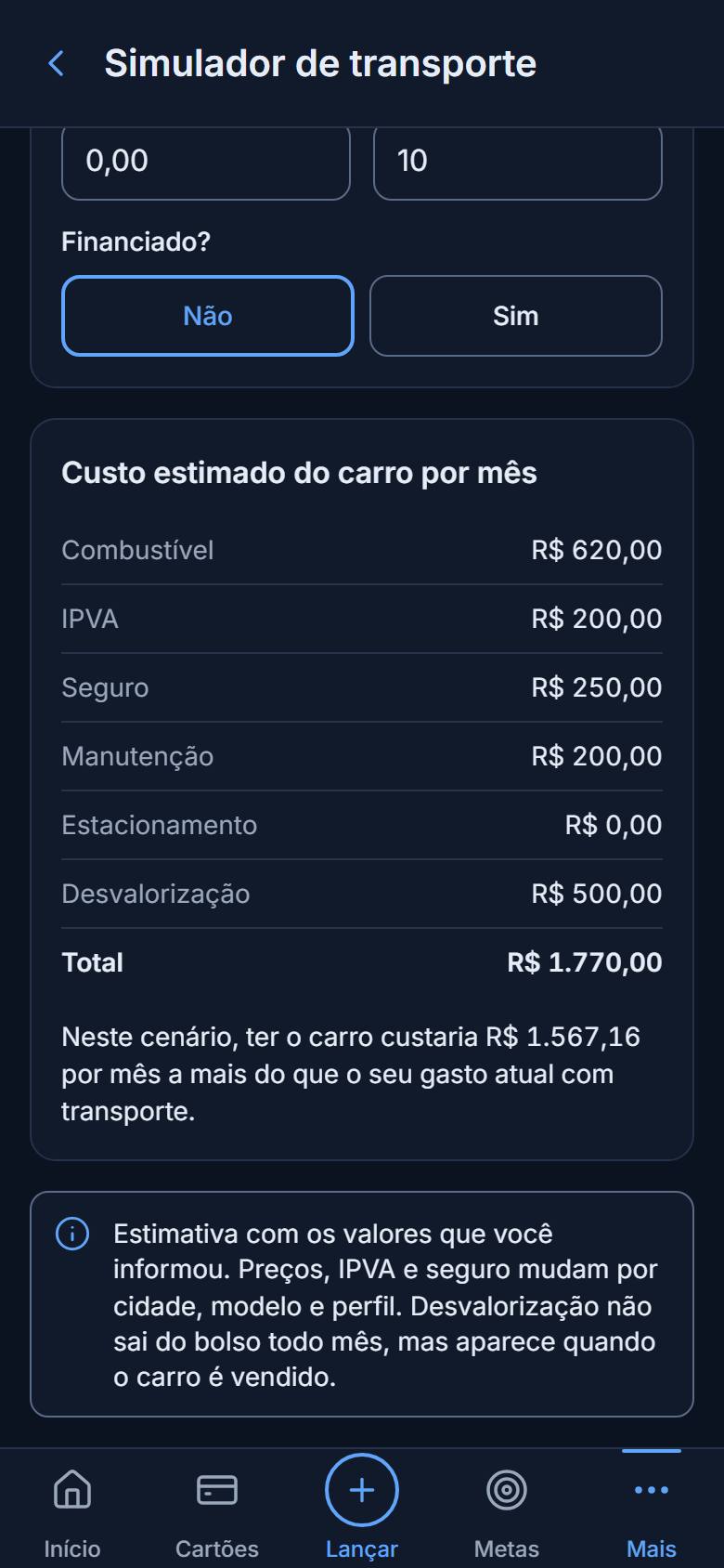 Simulador de transporte com o custo do carro por mês