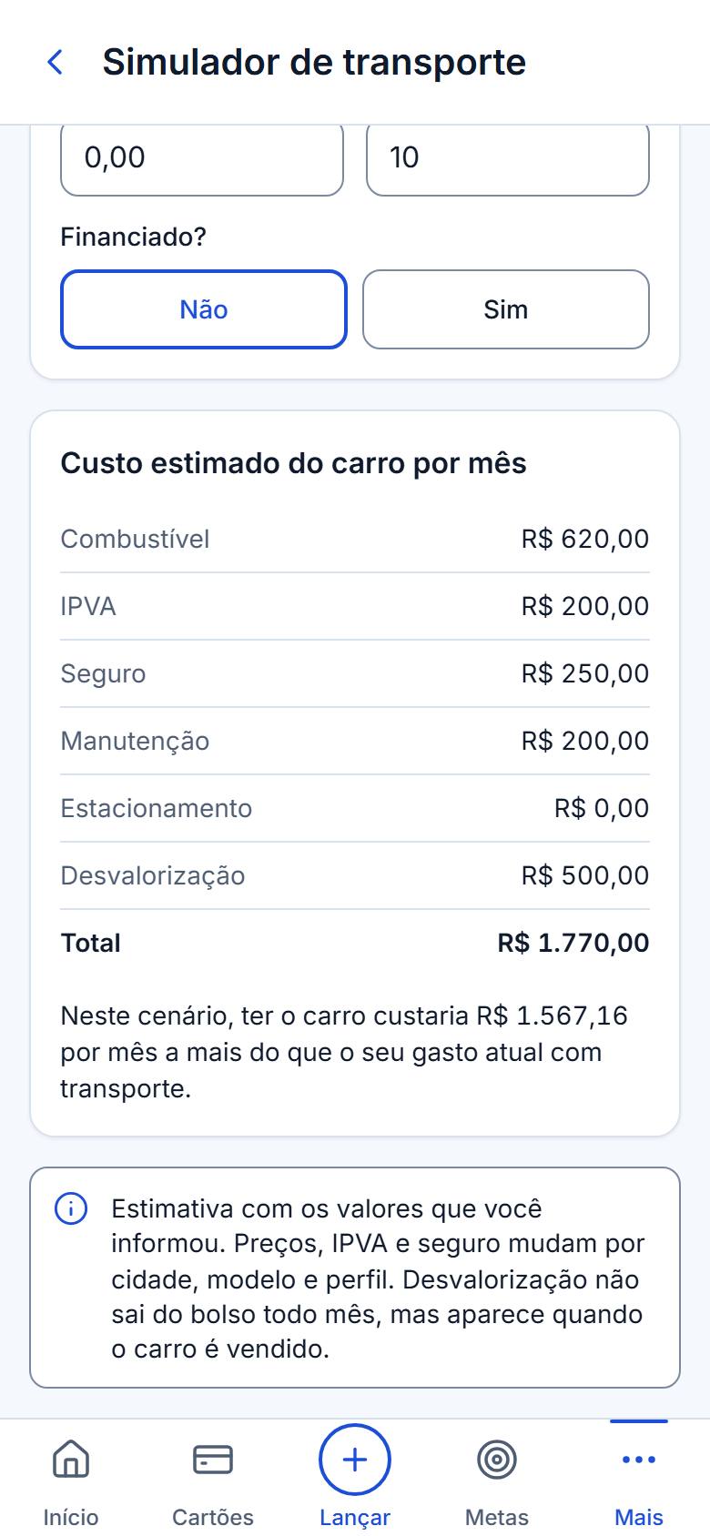 Simulador de transporte com o custo do carro por mês